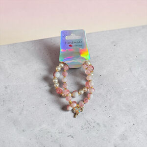 Pink Beaded Bracelet Set Faux Pearl Bow Charm Stretch Bracelets